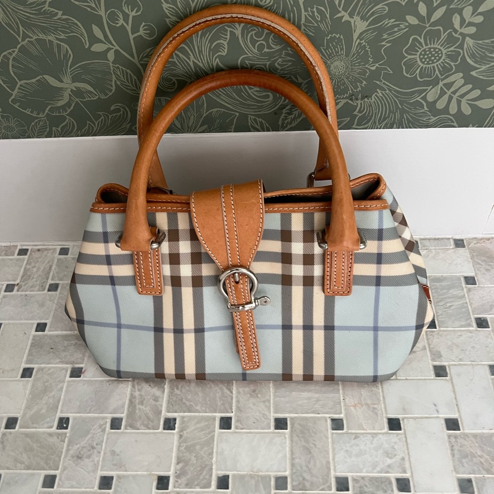 Burberry light blue Plaid Handbag with Tan Accents